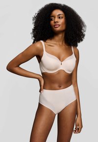 Set di reggiseno beige e slip a vita alta con tessuto liscio, coppe morbide e dettagli semi-trasparenti. Progettato per comfort e supporto.
