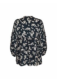 Blusa nera a fiori con motivi di margherite bianche, maniche lunghe, dettagli arricciati e silhouette a peplo. Tessuto morbido, texture leggera.