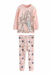 Rosa Pyjama-Set mit langem Arm, bedruckt mit einer Grafik von zwei Charakteren. Hose mit blauen und weißen Schneeflocken auf rosa Hintergrund bedruckt.