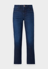Dark blue straight-leg jeans with front and back pockets, copper button closure, and subtle fading on thighs against a white background.