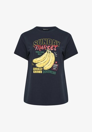 Granatowy t-shirt z grafiką żółtych bananów i napisem: "Niedzielny Targ, Świeże Wybory Codziennie, Lokalnie Uprawiane Dobro, Uprawiane z Miłością."