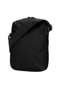 Borsa a tracolla nera con forma rettangolare, realizzata in tessuto resistente. Dotata di una tracolla regolabile e una chiusura zip. Texture liscia.