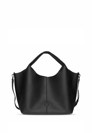 Borsa a tracolla in pelle nera testurizzata con manici arrotondati, corpo strutturato e tracolla rimovibile su sfondo bianco.