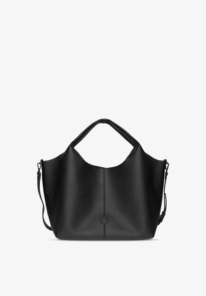 Sac à main en cuir noir texturé avec poignées arrondies, corps structuré et bandoulière amovible sur fond blanc.