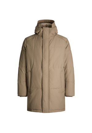 Beżowa kurtka puchowa z wysokim kołnierzem, długimi rękawami i pikowanym wzorem. Posiada boczne kieszenie oraz prosty krój dla swobodnego dopasowania.