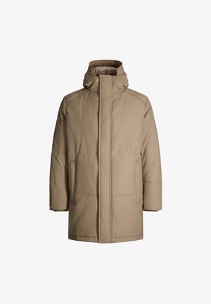 Beige pufferjack met een hoge kraag, lange mouwen en een gestikte uitstraling. Heeft zijzakken en een rechte snit voor een ontspannen pasvorm.