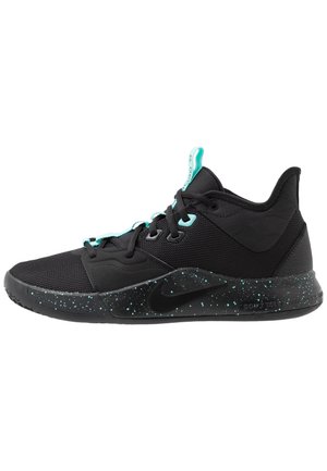 Black and turquoise low-top athletic sneaker with mesh upper, black Nike logo, speckled midsole, and turquoise lace loops and tongue tab.