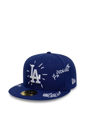 Cappellino blu scuro dei Los Angeles Dodgers con loghi ricamati bianchi, stelle, fiamme e testo "Dodgers" sul lato e sulla visiera.