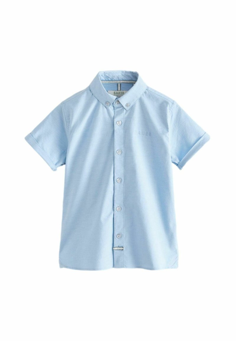 Chemise bleu clair à manches courtes avec boutonnière, col boutonné et logo discret "BAKER" sur la poitrine gauche.