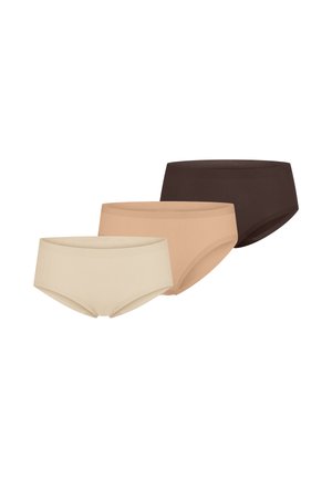 Tre par sømløse dameunderbukser i beige, lys brun og mørk brun, arrangeret side om side på en hvid baggrund.