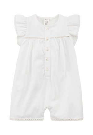 Weißer Baby-Strampler aus Baumwolle mit kurzen Rüschenärmeln, Knöpfen vorne und zarter Spitzenverzierung an Ärmeln, Brust und Beinabschlüssen.