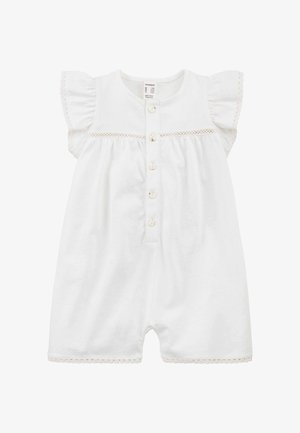 Tuta per neonati in cotone bianco con maniche corte arricciate, bottoni frontali, delicato bordo in pizzo sulle maniche, sul petto e ai bordi delle gambe.