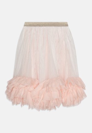 Pink tulle skirt with a gold elastic waistband, featuring layered ruffles at the hem and subtle sparkles throughout the fabric.