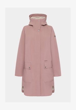 Roze waterdichte regenjas met een hoge kraag, drukknopen, twee voork68 pockets en zijslits voor gemakkelijke beweging. Glad materiaal, zonder patronen.