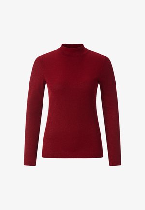 Pull à col roulé rouge à manches longues, avec un design ajusté et un tissu doux et texturé. Il présente un col haut et une couleur unie sans motifs.