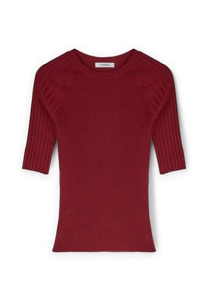Haut court à manches courtes en tricot côtelé rouge avec un col rond et un motif texturé. Il présente des manches raglan et une silhouette ajustée.