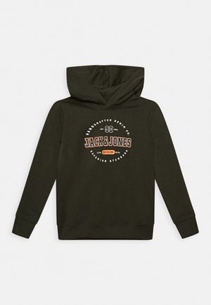 Felpa con cappuccio verde scuro, dotata di tasca frontale a marsupio, cappuccio con coulisse e logo stampato in arancione e bianco. Tessuto morbido e polsini a costine.