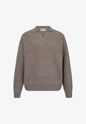 Lichtbruine, geribbelde gebreide trui met een V-hals en korte kraag. Heeft verlaagde schouders en een comfortabele pasvorm. Gelaagd materiaal.
