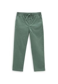 Pantalones de algodón verde claro con cintura elástica y cordón. Diseño de pierna recta con bolsillos laterales y una textura suave.