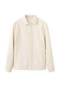 Camicia color crema con bottoni, colletto, maniche lunghe, tessuto morbido e taglio dritto. Design semplice senza motivi.