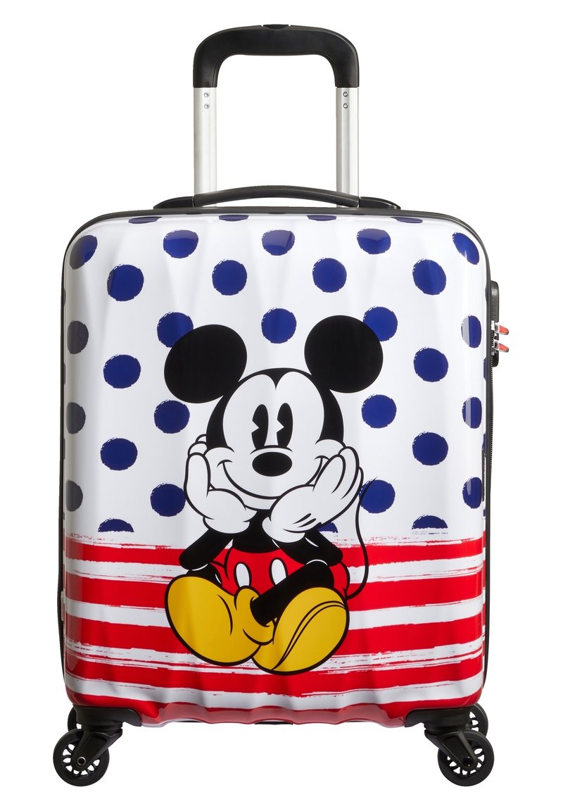 Maleta rígida con una superficie blanca brillante, puntos azules, rayas rojas y un gráfico de un personaje de dibujos animados de Mickey Mouse.