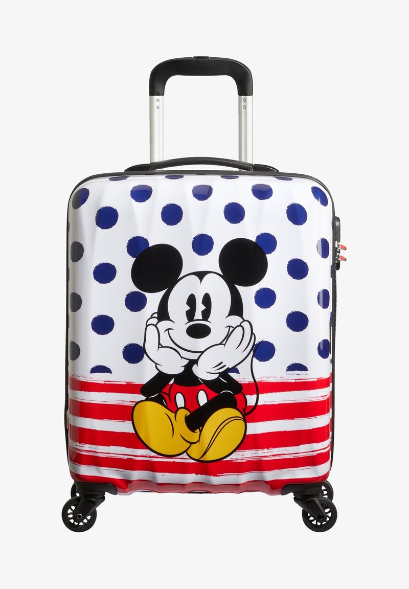 Valise rigide présentant une surface blanche brillante ornée de pois bleus, de rayures rouges et d'un graphisme de personnage de bande dessinée de Mickey Mouse.