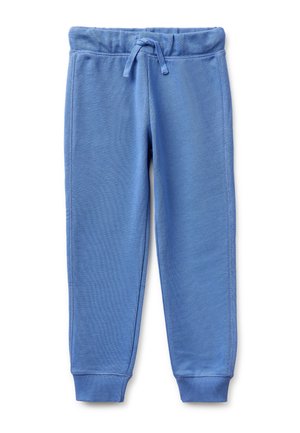 Pantaloni della tuta azzurri morbidi per bambini con vita elastica, coulisse regolabile e polsini a coste alle caviglie su sfondo bianco.