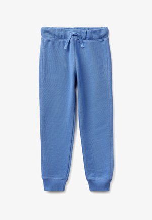 Pantalones deportivos suaves de color azul para niños con cintura elástica, cordón ajustable y puños acanalados en los tobillos sobre un fondo blanco.