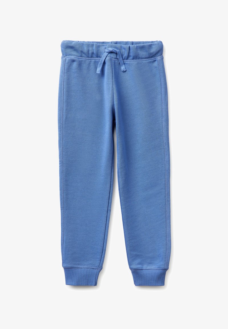Pantalon de survêtement doux bleu pour enfants avec ceinture élastique, cordon de serrage ajustable et poignets côtelés aux chevilles sur fond blanc.