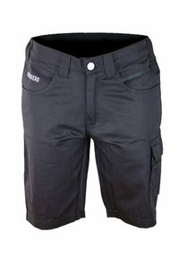 Schwarze Cargo-Shorts aus robustem Material, mit Vorderentaschen, Knopfverschluss und einer seitlichen Cargo-Tasche mit Klappe.
