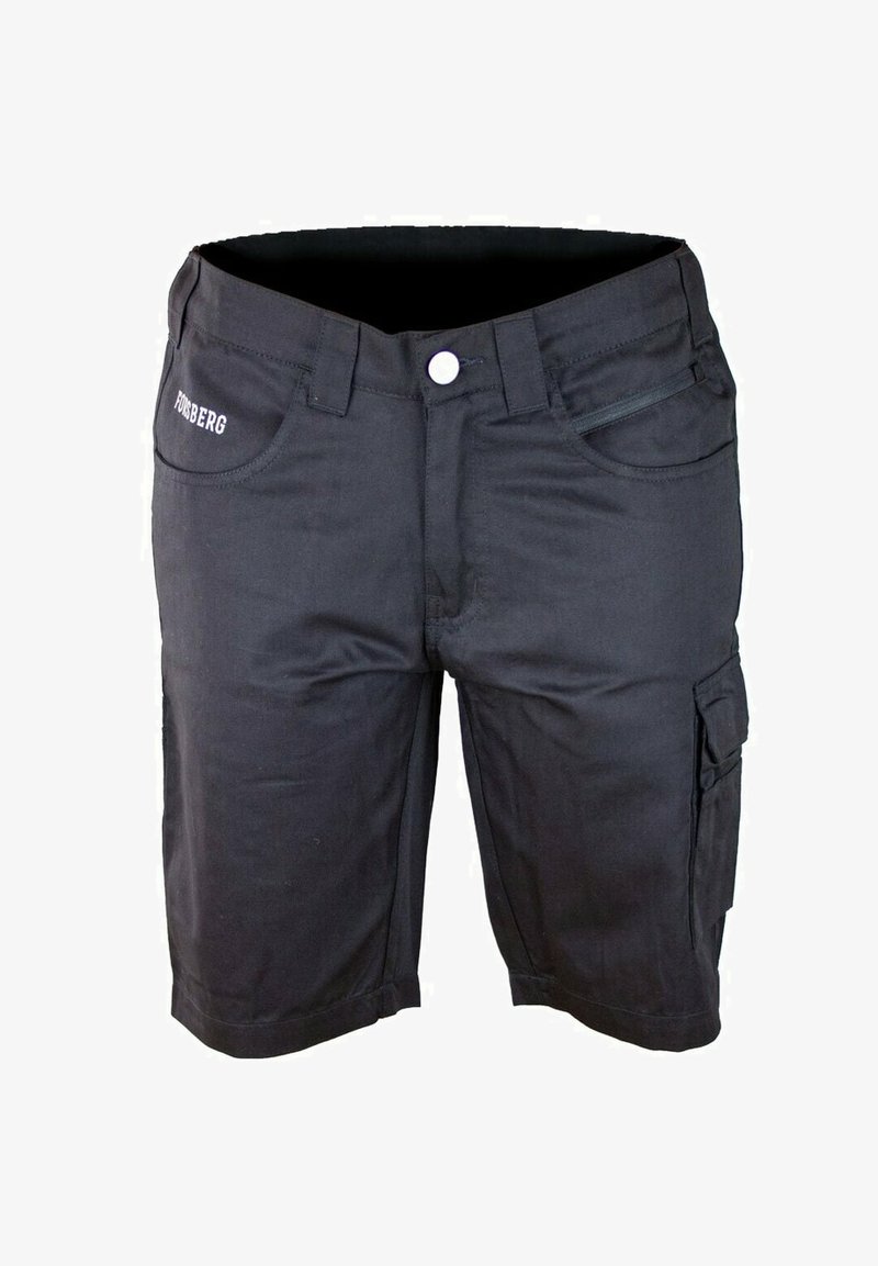 Pantaloni cargo neri realizzati in tessuto resistente, con tasche frontali, chiusura con bottone e una tasca cargo laterale con pattina.