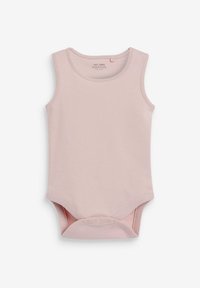 Helles rosa, ärmelloses Baby-Body aus weichem Stoff, mit rundem Ausschnitt und Druckknopfverschluss am Boden für ein einfaches Ankleiden.
