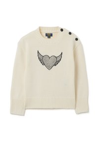Crèmekleurig gebreid sweater met geribde manchetten en zoom, met een zwart vleugeld hartontwerp aan de voorkant en drie functionele zwarte knopen.