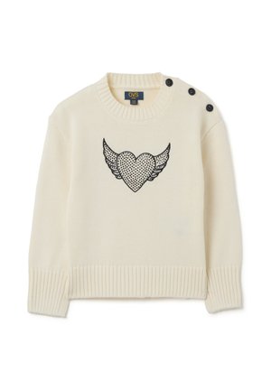 Crèmekleurig gebreid sweater met geribde manchetten en zoom, met een zwart vleugeld hartontwerp aan de voorkant en drie functionele zwarte knopen.