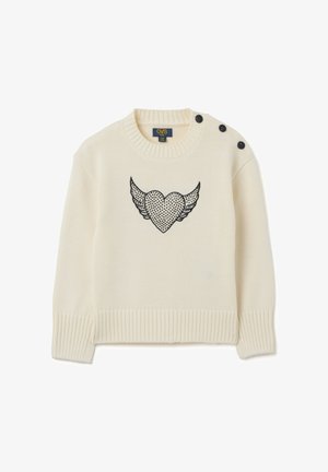 Suéter de punto color crema con puños y dobladillo acanalados, que presenta un diseño de corazón alado negro en la parte frontal y tres botones negros funcionales.