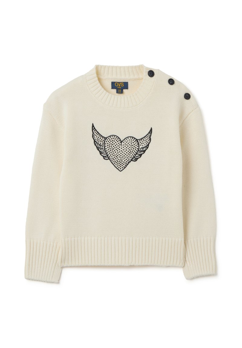 Crèmekleurig gebreid sweater met geribde manchetten en zoom, met een zwart vleugeld hartontwerp aan de voorkant en drie functionele zwarte knopen.