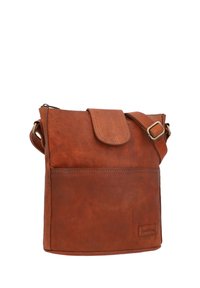 Braune Leder-Crossbody-Tasche mit einem magnetischen Klappenverschluss, verstellbarem Trageriemen und Fronttasche. Glatte Textur, rechteckige Form.