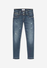 Jeans de denim ajustados en azul oscuro con un lavado desvanecido. Presentan detalles desgastados, dos bolsillos frontales y un bolsillo con cremallera para monedas.