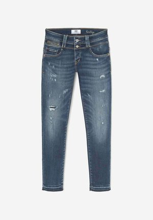 Schlanke Denim-Jeans in Dunkelblau mit einem verblassten Waschung. Mit distressed Details, zwei Vorderaschen und einer mit Reißverschluss versehenen Münztasche.