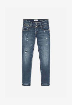 Skinny denim jeans in donkerblauw met een vervaagde was. Heeft versleten details, twee voorkeurzakken en een met rits sluitend muntzakje.