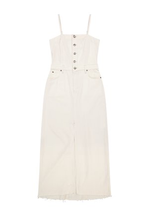 Λευκό μίντι φόρεμα χωρίς μανίκια με λεπτές τιράντες, μεταλλικά κουμπιά εμπρός, θηλιές για ζώνη, εμπρόσθιες τσέπες και φθαρμένο τελείωμα.