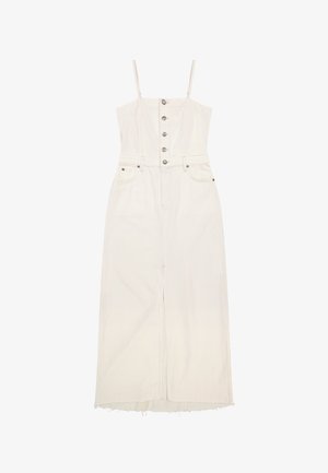 Hvid midi-kjole uden ærmer med tynde stropper, metalknapper foran, bæltestropper, forlommer og frynset kant.