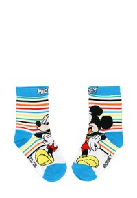 Pair of blue-heeled children's socks with colorful stripes and Mickey Mouse illustrations on each sock.