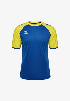 Blå sporttröja med gula raglanärmar. Har slät tyg, rund halsringning och diskret logga på bröstet. Designad för atletiskt bruk.