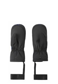 Schwarze, isolierte Fäustlinge mit wasserdichter Außenseite, elastischem Bündchen und verstellbaren Handgelenkriemen für einen sicheren Sitz. Insgesamt glatte Textur.