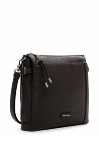 Borsa a tracolla in pelle marrone con una consistenza liscia, hardware in argento, tracolla regolabile e scomparti con zip. Logo sul davanti.