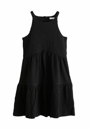Schwarzes, ärmelloses Kleid aus strukturiertem Stoff mit Stufendesign und rundem Ausschnitt. Verfügt über eine lockere, fließende Silhouette.