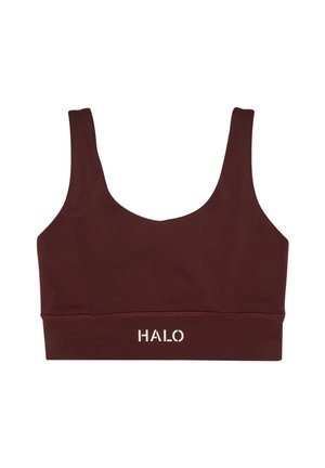 Vinrød sports-bh lavet af glat stof, med scoop-udskæring og brede stropper, med ordet "HALO" i hvid på den nederste bånd.