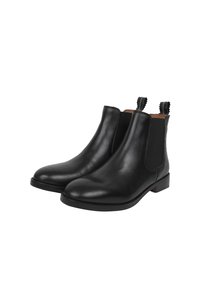 Stivali alla caviglia in pelle nera con punta arrotondata, pannelli laterali elasticizzati e linguette. Il design è minimalista con un tacco in legno basso.