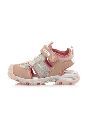 Leichte Sandalen mit offenem Zehenbereich in Beige und Pastellgrün, ausgestattet mit elastischen Riemen, einem Klettverschluss und einer strukturierten Gummisohle für guten Halt.
